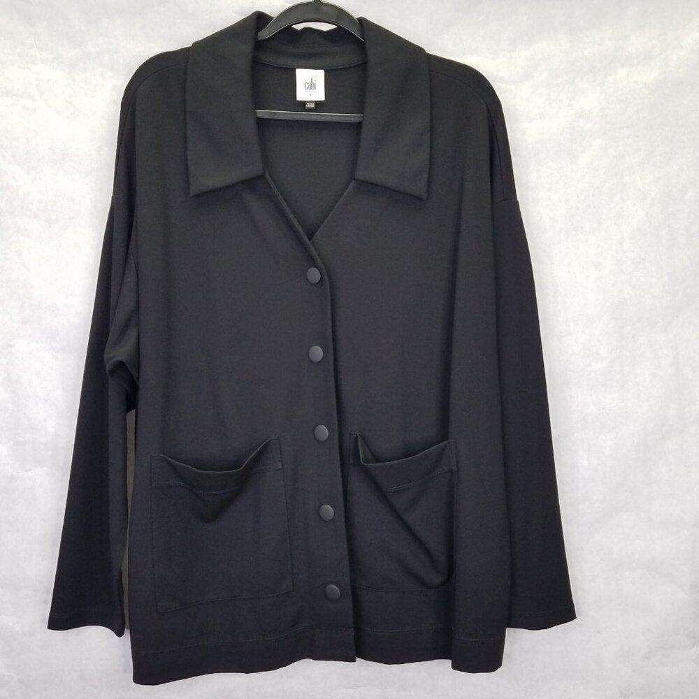 Cabi Elemental Topper Shacket Women's L Black Snap Up Stretch Knit Academia Work